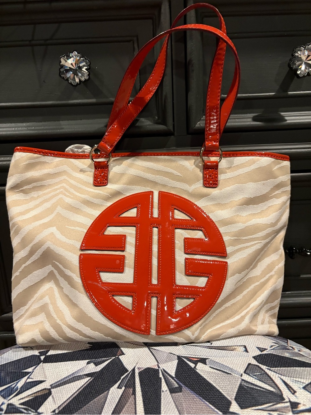 Antonio Melani Zebra-Print Tote with Red Patent Trim - Designer Style